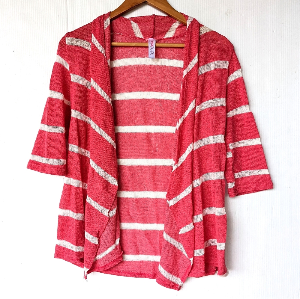 PINKBLUSH Maternity coral pink striped open front waterfall cardigan sweater